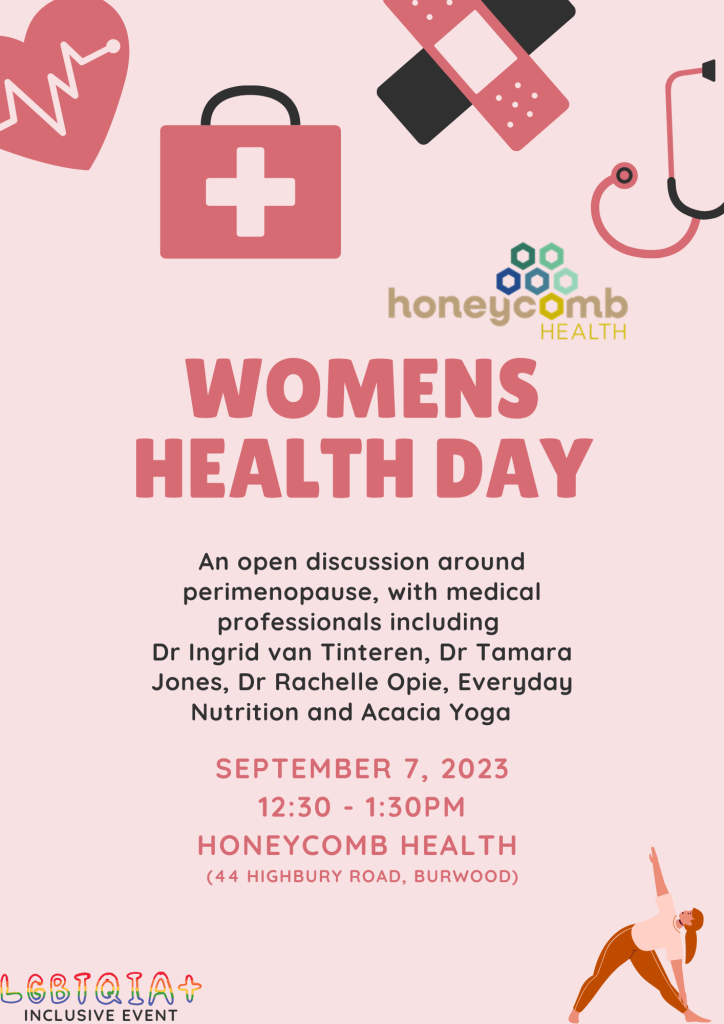 Honeycomb health blog post image event flyer - Womens health day 7th September 2023 12:30 - 1:30pm